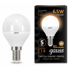 Лампа светодиодная Gauss G45 E14 6.5W 3000К 105101107